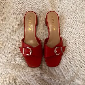 Unisa Red Buckle Mules
